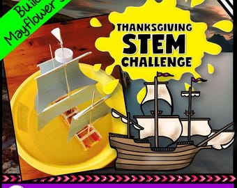 May include: A colorful image promoting a Thanksgiving STEM challenge. The image features a model of a Mayflower ship, a cartoon illustration of a ship, and the text "Thanksgiving STEM Challenge". The text "Build a Mayflower Ship" is also present.
