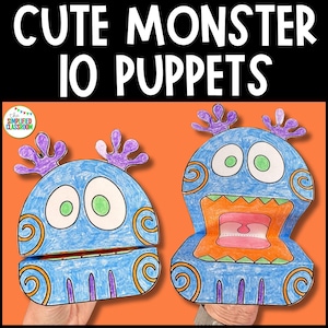 May include: Two blue monster puppets with large eyes, purple antlers, and orange and yellow accents. The puppets have open mouths and are labeled "Cute Monster 10 Puppets". The Simplified Classroom logo is in the upper left corner.