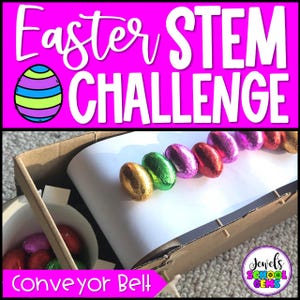May include: An Easter STEM Challenge graphic with a pink background and white text. The image features a cardboard conveyor belt with foil-wrapped chocolate eggs in various colors. A drawing of an Easter egg is in the upper left corner.