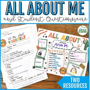 Może przedstawiać: Dwa kolorowe kwestionariusze dla uczniów zatytułowane "ALL ABOUT ME" i "Tell Me About YOURSELF". Pierwszy zawiera rysunek dziewczynki, a drugi grafikę słońca. Kwestionariusze są przeznaczone do wypełnienia przez uczniów.