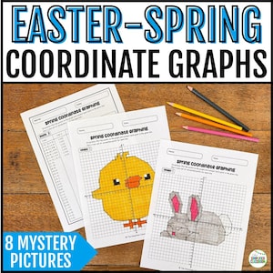 May include: Educational worksheets with the text "EASTER-SPRING COORDINATE GRAPHS" and "8 MYSTERY PICTURES". The worksheets feature spring-themed pixel art of a chick and a bunny, along with colored pencils.
