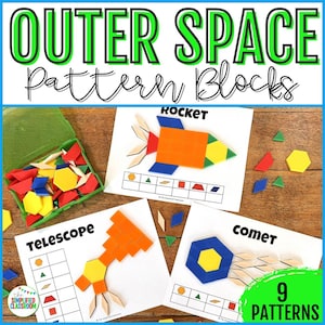 May include: Educational Outer Space Pattern Blocks set. The image shows colourful geometric shapes and pattern cards with rocket, telescope, and comet designs. The set includes a green container filled with various shapes and the text "Outer Space Pattern Blocks".