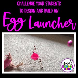 May include: A pink egg launcher with a pink egg in mid-air. The text reads "CHALLENGE YOUR STUDENTS TO DESIGN AND BUILD AN Egg Launcher". The image includes a logo that says "Jewels School Gems".