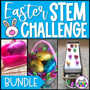 May include: A blue background with the words "Easter STEM CHALLENGE" and a cartoon bunny. Below are images of Easter eggs, including a pink egg in a pink holder, a basket of gold, blue, and gold eggs, and a cardboard box with eggs.