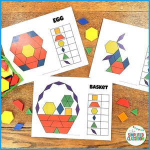 May include: Printable pattern block activity for children.  The image shows three worksheets with geometric shapes, including an egg, a basket, and a bunny.  The worksheets are labelled with the names of the shapes.  The image also shows a set of pattern blocks.