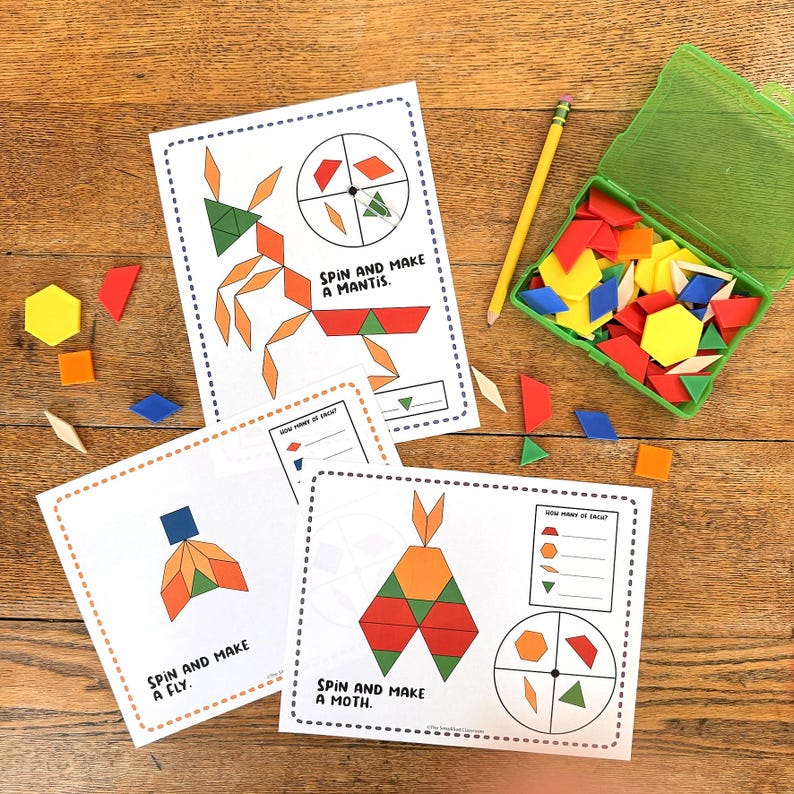 May include: Educational game set with colourful geometric shapes and cards. The cards feature instructions to "Spin and Make" a mantis, fly, and moth. A pencil and a green container filled with shapes are also included.