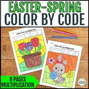 May include: Two "Easter Color by Multiplication" activity sheets with a tulip and bunny design, along with three colored pencils. The top of the image reads "EASTER-SPRING COLOR BY CODE". The bottom left corner reads "8 PAGES MULTIPLICATION".