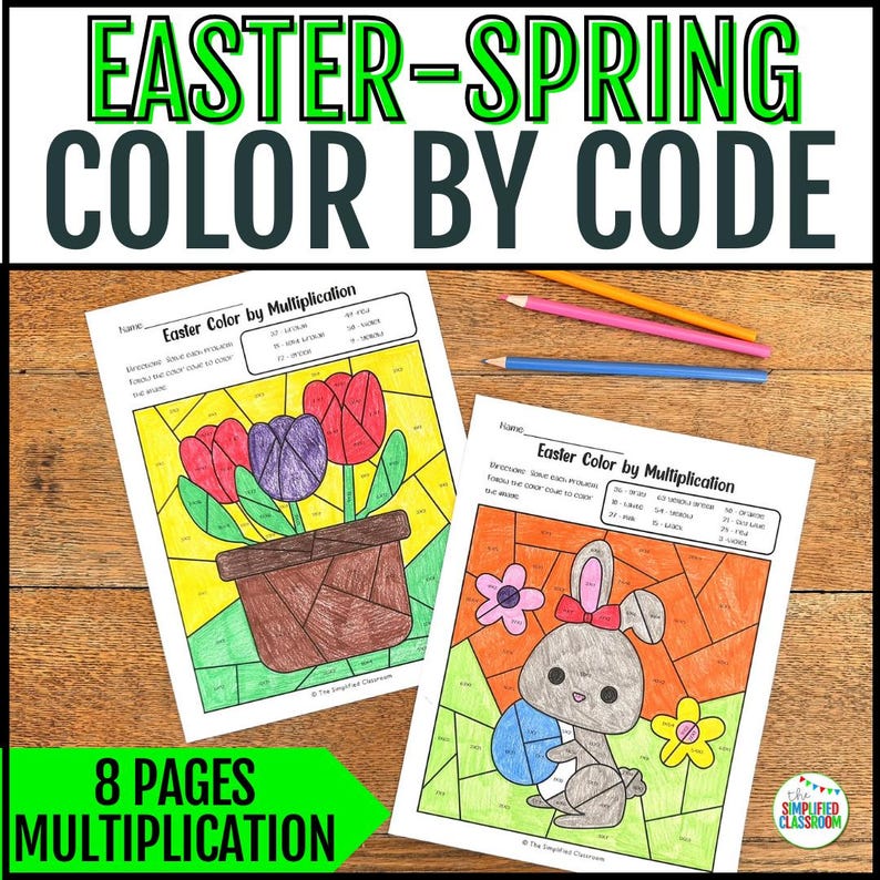 May include: Two "Easter Color by Multiplication" activity sheets with a tulip and bunny design, along with three colored pencils. The top of the image reads "EASTER-SPRING COLOR BY CODE". The bottom left corner reads "8 PAGES MULTIPLICATION".