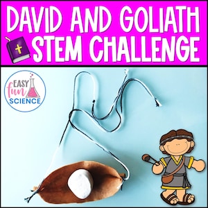 Puede incluir: Gráfico de desafío STEM con el texto "DAVID AND GOLIATH STEM CHALLENGE". La imagen incluye una caricatura de David, una honda, una hoja con un objeto blanco y el logotipo de Easy Fun Science.