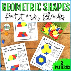 May include: Image of geometric shapes pattern blocks. The image shows worksheets with geometric shapes and pattern blocks in various colours, including red, yellow, blue, and green. The text on the image says "Geometric Shapes Pattern Blocks" and "8 Patterns".