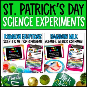Op de afbeelding: Een educatieve bron over St. Patrick's Day met wetenschappelijke experimenten. De afbeelding toont kleurrijke experimentopstellingen, klemborden met instructies en de teksten "Rainbow Eruptions" en "Rainbow Milk" experimenten. Gouden munten en een groen "Luck of the Irish" bord zijn ook inbegrepen.