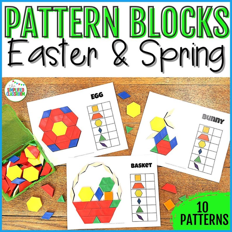 May include: A set of 10 printable pattern block activity sheets featuring Easter and spring themes. The sheets include images of an egg, a bunny, and a basket, with grids for students to recreate the patterns using pattern blocks.