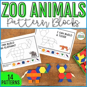 May include: Educational activity set featuring "ZOO ANIMALS Pattern Blocks". Includes printed patterns for building animals like an elephant and tiger, along with colorful geometric blocks. The set promotes learning and creativity with 14 patterns.