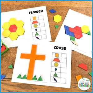 May include: A set of printable worksheets for children to practise building shapes using pattern blocks. The worksheets feature a flower, a cross, and a heart, with a grid to record the number of each shape used. The text "FLOWER", "CROSS", and "the SIMPLIFIED CLASSROOM" is visible on the worksheets.