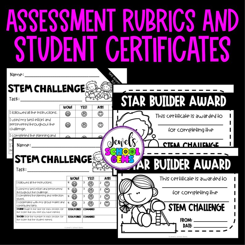 May include: A collection of black and white STEM Challenge assessment rubrics and Star Builder Award certificates. The certificates and rubrics have space for names, tasks, and scores, with illustrations of children.