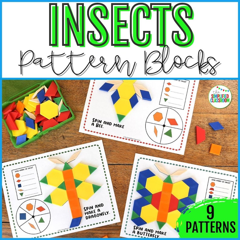 May include: Educational insect-themed pattern block activity set. Includes colourful geometric shapes and printed cards with patterns for a bee, dragonfly, and butterfly. The set features the text "INSECTS Pattern Blocks" and "9 PATTERNS".