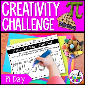 Puede incluir: Imagen educativa colorida con el texto "CREATIVITY CHALLENGE" y "Pi Day". Presenta una hoja de trabajo con símbolos pi, una porción de pastel y un recipiente con crayones. Una mano colorea el símbolo pi con un marcador azul.