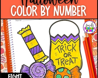 May include: A Halloween-themed color-by-number activity book. The cover features the text "Halloween COLOR BY NUMBER" in black and white. The image includes illustrations of candy and a trick-or-treat bag. The words "Trick or Treat" are visible on the bag.