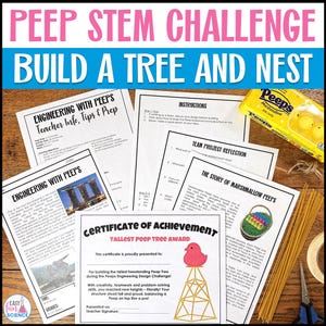May include: A STEM challenge activity with the title "PEEP STEM CHALLENGE BUILD A TREE AND NEST." The image includes instructions, a certificate, and a box of Peeps marshmallows. Also included are spaghetti and tape.
