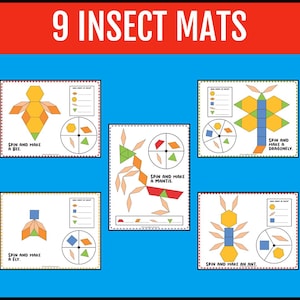 May include: Nine insect-themed educational mats with colourful geometric shapes. Each mat features a different insect, such as a spider, bee, butterfly, and dragonfly. The mats include the text "Spin and Make" and are set against a blue background.