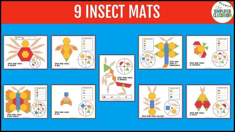 May include: Nine insect-themed educational mats with colourful geometric shapes. Each mat features a different insect, such as a spider, bee, butterfly, and dragonfly. The mats include the text "Spin and Make" and are set against a blue background.