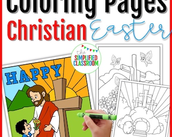 May include: A set of three colouring pages featuring Christian Easter themes. The first page shows Jesus with a child, the second page shows a cross with butterflies, and the third page shows a tomb with the words "Jesus is Risen".
