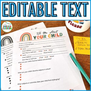Puede incluir: Una hoja de trabajo imprimible titulada "Tell Me About YOUR CHILD" con gráficos de arcoíris. La hoja de trabajo incluye secciones para completar con información del estudiante, datos de contacto de los padres y preguntas sobre los intereses y desafíos del niño. Un bolígrafo turquesa descansa sobre el papel.