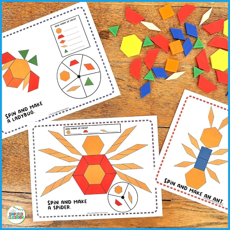 May include: Educational activity sheets with geometric shapes and the text "Spin and Make a Ladybug", "Spin and Make a Spider", and "Spin and Make an Ant". Colourful shapes in red, orange, yellow, green, and blue are scattered on a wooden surface.