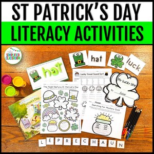 May include: St. Patrick's Day literacy activities, including a book, worksheets, and word cards. The image features the text "ST PATRICK'S DAY LITERACY ACTIVITIES" and the word "LEPRECHAUN". There are also green and yellow playdough containers.