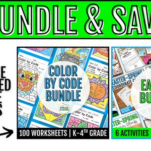May include: A green banner with the text "BUNDLE & SAVE" is at the top of the image. Below, the text "THIS RESOURCE IS INCLUDED IN THESE BUNDLES" is displayed. The image showcases educational bundles, including "Color by Code" and "Easter Bundle" worksheets.