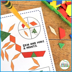 May include: A worksheet with the text "Spin and Make a Mantis" is shown with a pencil and paperclip. Colourful geometric shapes are scattered around the worksheet. A green plastic container holds more shapes. The worksheet is for educational purposes.