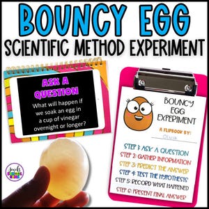 May include: An educational image for a "Bouncy Egg" science experiment. It features a clear egg, a tablet with text, and a pink clipboard with an egg character and the steps of the scientific method.