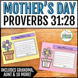 May include: A Mother's Day card with a flower design and the text "Happy Mother's Day!" The card includes a handwritten message and the Bible verse Proverbs 31:28. The image also includes the text "INCLUDES GRANDMA, AUNT & 10 MORE!"