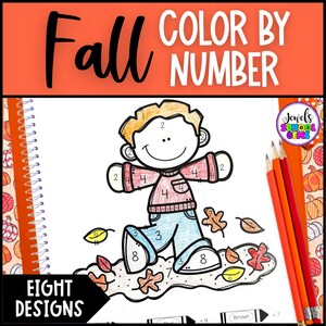 May include: A spiral-bound coloring book with the words "Fall Color by Number" at the top. The illustration features a cartoon figure walking through leaves, with numbers to guide coloring. Includes colored pencils and the text "Eight Designs".