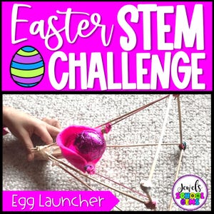 May include: A pink and purple Easter STEM Challenge graphic with the text "Easter STEM CHALLENGE" and an illustration of a decorated Easter egg. The image also shows an egg launcher made of sticks, rubber bands, and a pink cup, with a hand holding the launcher.