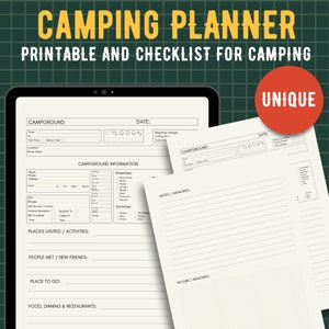 Puede incluir: Un planificador de camping imprimible con una lista de verificación que incluye secciones para información del camping, lugares visitados, personas conocidas, lugares para visitar, comida, restaurantes, notas y recuerdos, y fotos. El planificador tiene un diseño único con un esquema de color blanco y negro.