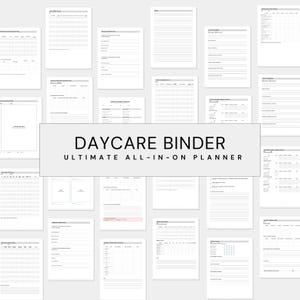 Könnte beinhalten: Eine Sammlung weißer Papierseiten mit verschiedenen Layouts, darunter linierte, Raster- und Checklistenformate. Der Text "DAYCARE BINDER ULTIMATE ALL-IN-ON PLANNER" wird in einem weißen Rechteck angezeigt. Die Seiten sind so angeordnet, dass sie den Rahmen ausfüllen.