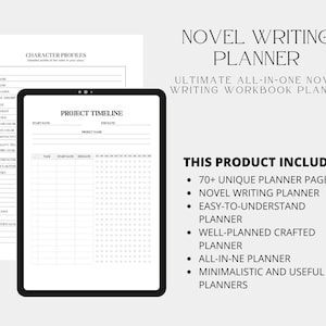 Puede incluir: Un planificador de escritura de novelas en blanco y negro con el título "Novel Writing Planner" y el texto "Ultimate All-in-One Novel Writing Workbook Planner". El planificador incluye más de 70 páginas de planificador únicas, un planificador de escritura de novelas, un planificador fácil de entender, un planificador bien elaborado, un planificador todo en uno y planificadores minimalistas y útiles.