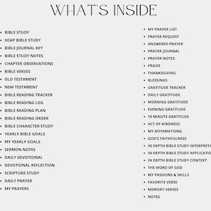 May include: A black and white list of items that are included in a printable journal. The list is titled "What's Inside". The items include Bible study, prayer, gratitude, and more.