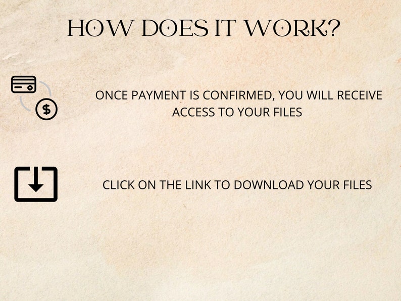 Op de afbeelding: Hoe werkt het? Illustratie die een betaalmethode met een creditcard en een dollarteken toont, gevolgd door een downloadpictogram. De tekst luidt: "Zodra de betaling is bevestigd, krijgt u toegang tot uw bestanden. Klik op de link om uw bestanden te downloaden."