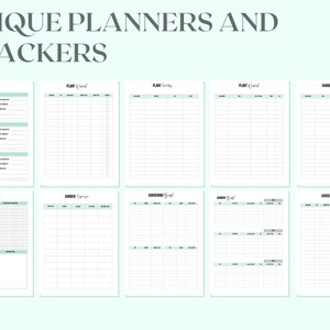 May include: Printable planner pages for gardening and plant care. The pages are divided into sections for different types of plants and gardens. The pages are black and white with a light green border.