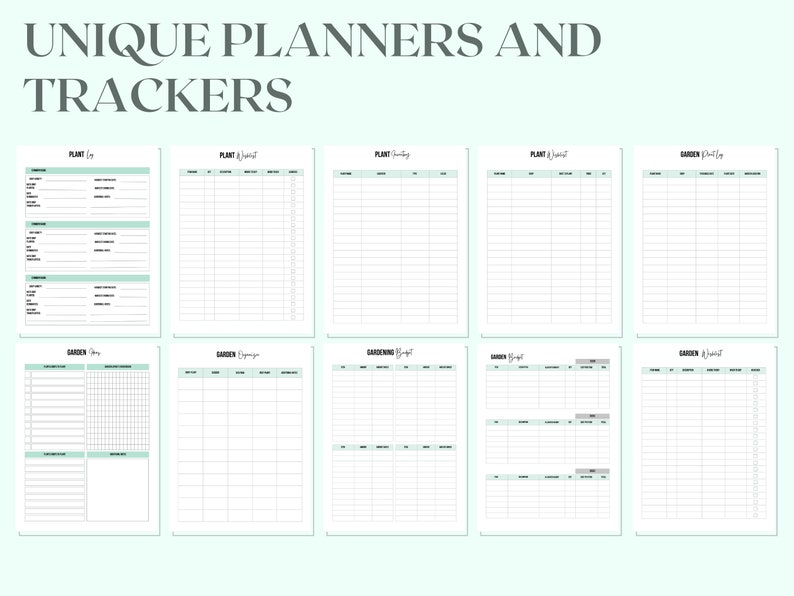 May include: Printable planner pages for gardening and plant care. The pages are divided into sections for different types of plants and gardens. The pages are black and white with a light green border.