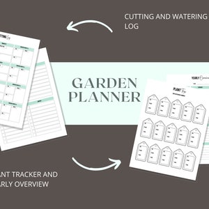 May include: Printable garden planner with sections for cutting, watering log, plant tracker, and yearly overview. The planner features a simple, modern design with black text on a white background.