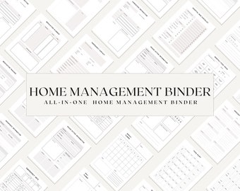 Puede incluir: Una imagen en blanco y negro de una carpeta de gestión del hogar con el texto "HOME MANAGEMENT BINDER" y "ALL-IN-ONE HOME MANAGEMENT BINDER". La carpeta incluye páginas para diversas tareas de gestión del hogar, como la planificación de comidas, las listas de la compra y la información de contacto de emergencia.