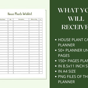 May include: Printable house plant care planner with 50+ unique pages. The planner is 8.5x11 inches and includes a checklist for plant names, quantity, description, and where to buy. The planner is available in A4 size and as PNG files.