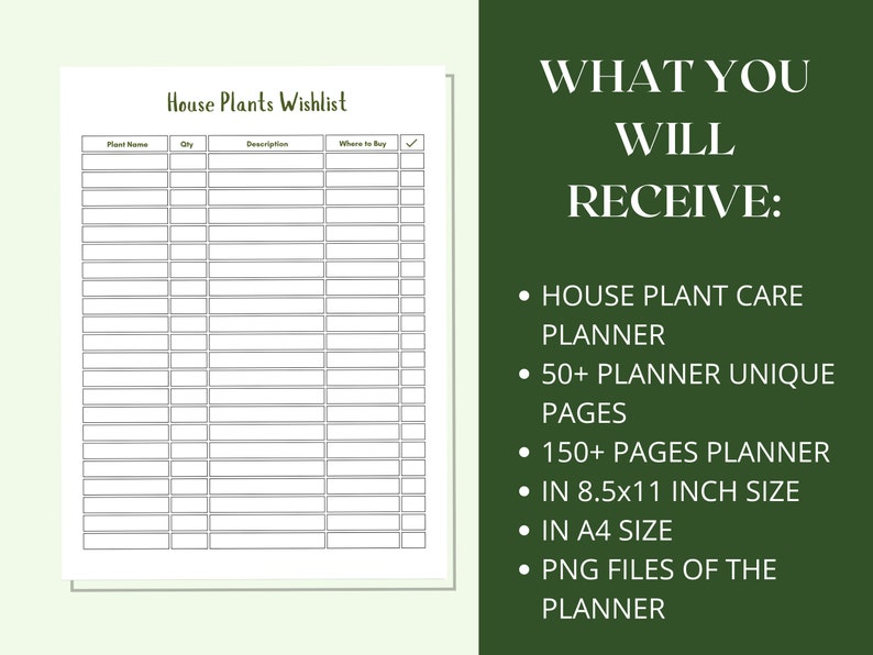 May include: Printable house plant care planner with 50+ unique pages. The planner is 8.5x11 inches and includes a checklist for plant names, quantity, description, and where to buy. The planner is available in A4 size and as PNG files.