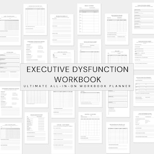 Puede incluir: Una colección de páginas de planificador imprimibles en blanco con varios diseños para el seguimiento de tareas, la planificación semanal y más. El texto central dice "EXECUTIVE DYSFUNCTION WORKBOOK" y "ULTIMATE ALL-IN-ON WORKBOOK PLANNER".