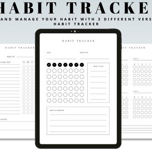 May include: A black and white printable habit tracker with three different layouts. The first layout is a weekly tracker with a section for self-care steps, a daily checklist, and reflection notes. The second layout is a monthly tracker with a section for goals, a daily checklist, and a section for what to improve. The third layout is a daily tracker with a section for habits and a daily checklist.
