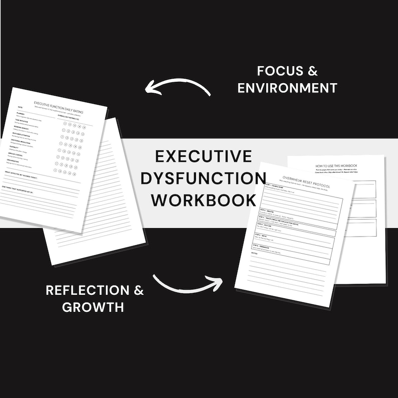 May include: A workbook titled "Executive Dysfunction Workbook" with the text "Focus & Environment" and "Reflection & Growth." The pages are white with black text. The background is black and white, with white arrows.