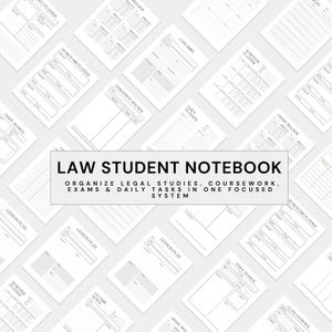 Op de afbeelding: Een verzameling witte papieren plannerpagina's met verschillende lay-outs, waaronder project-, huiswerk- en opdrachtvolgers. De tekst "LAW STUDENT NOTEBOOK" wordt prominent weergegeven, met extra tekst.